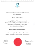 Diploma Certificat Monash University Master of International Business Australian